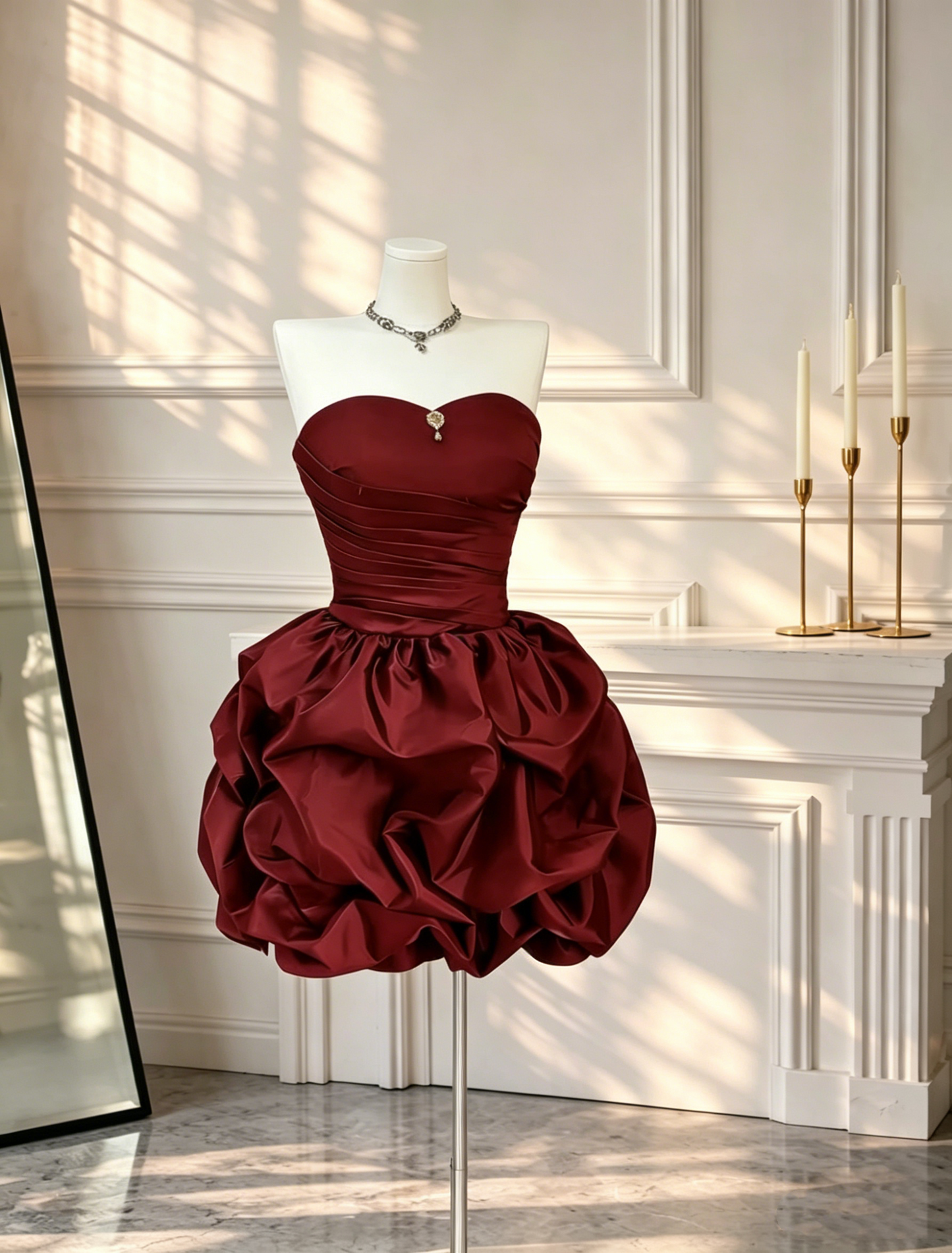 Sexy Burgundy Homecoming Dress Strapless Satin Pleated A Line Mini Cocktail Dress D2685