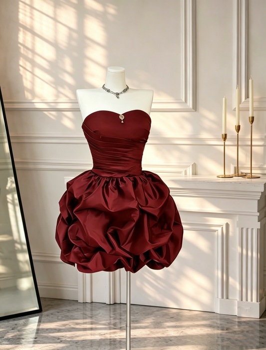 Sexy Burgundy Homecoming Dress Strapless Satin Pleated A Line Mini Cocktail Dress D2685