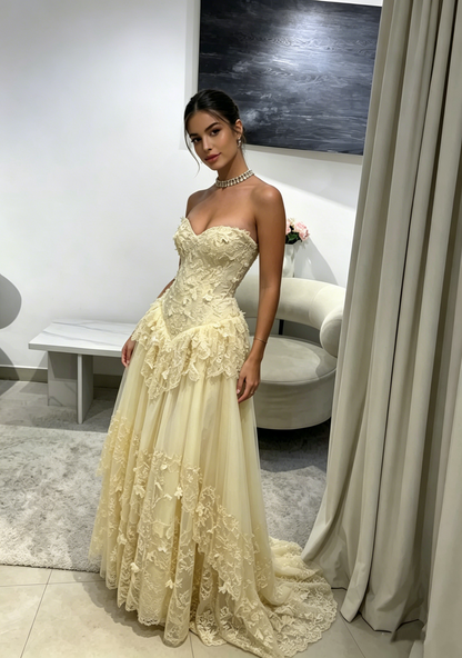 Pretty Strapless Yellow A Line Chiffon Lace Appliques Long Prom Dress Wedding Guest Dress D823