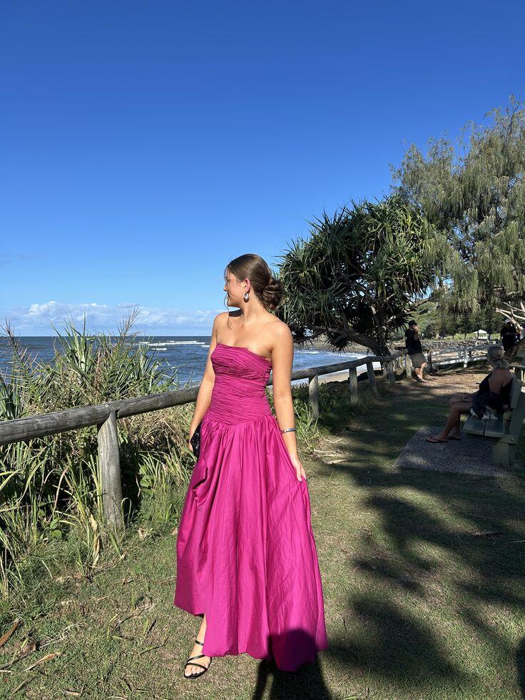 Pretty Strapless Hot Pink Satin Pleated Long Prom Dress Party Gown D3448