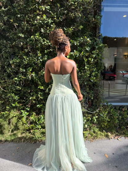 Classy Light Green Tulle A Line Long Evening Dress Strapless Prom Dresses D4961