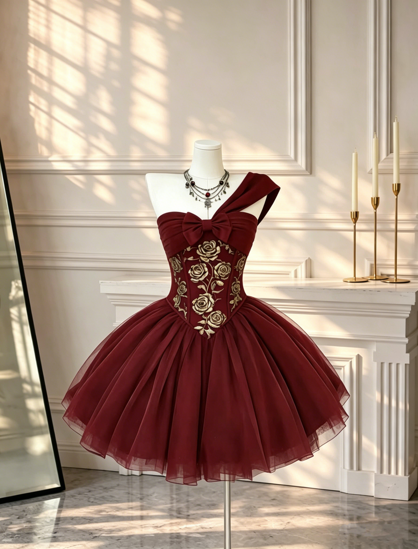Vintage One Shoulder Cocktail Dress Burgundy Tulle Rose Floral A Line Short 6th Grade Homecoming Dress D2592