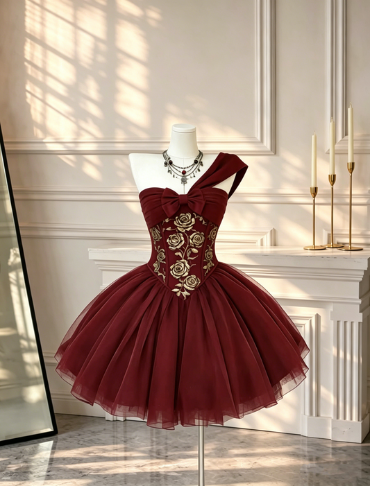 Vintage One Shoulder Cocktail Dress Burgundy Tulle Rose Floral A Line Short 6th Grade Homecoming Dress D2592