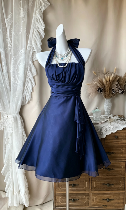 Fashion Bow Halter Navy Blue Satin Chiffon Short Birthday Outfits,Short Prom Dress D4079