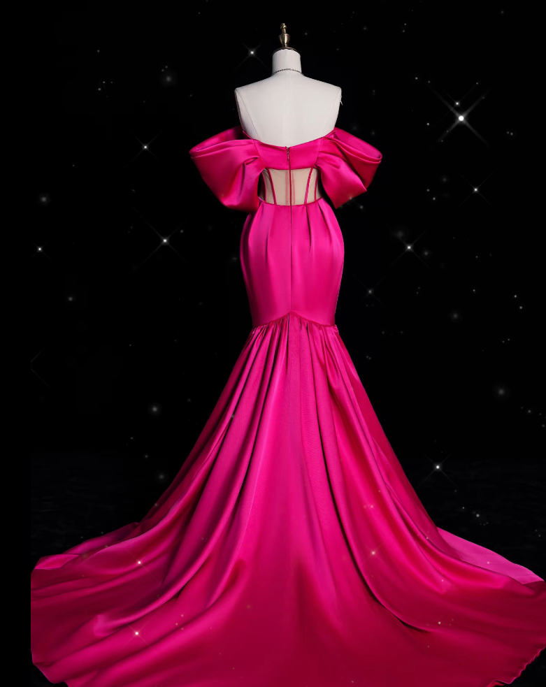 Sexy Mermaid Off The Shoulder Neckline Satin Pink Long Prom Dresses Party Dress SD1339