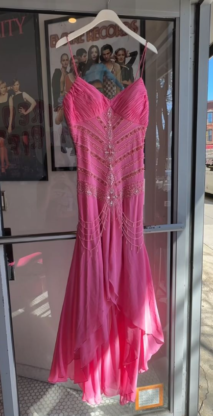 Pretty Pink Spaghetti Straps Chiffon Sequin Beaded Mermaid Long Prom Dress Evening Gown D3438