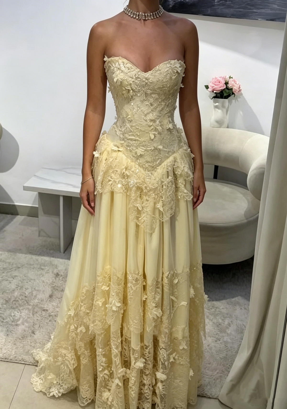 Pretty Strapless Yellow A Line Chiffon Lace Appliques Long Prom Dress Wedding Guest Dress D823
