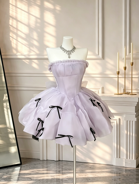 Sweet Purple Strapless Mini Cocktail Dress Tulle Bow A Line Short Birthday Dress D2698