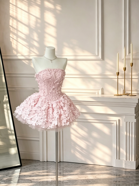 Beautiful Strapless Pink Tulle Petals A Line Short 20th Birthday Dress Formal 8th Grade Homecoming Dress D2591