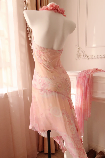 Pretty Halter Chiffon Print Floral Beaded Mermaid Evening Dress,Pink Long Birthday Prom Gown D2885
