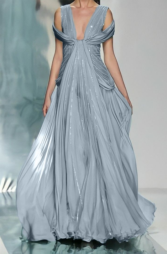 Sexy Deep V Gray Blue Chiffon Sequin Pleated Mermaid Long Party Dress Formal Wedding Guest Dress D1918