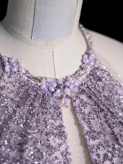 Shiny Halter Sleeveless Tulle Sequin Beaded Mermaid Evening Dress Lilac Long Party Dress D4855