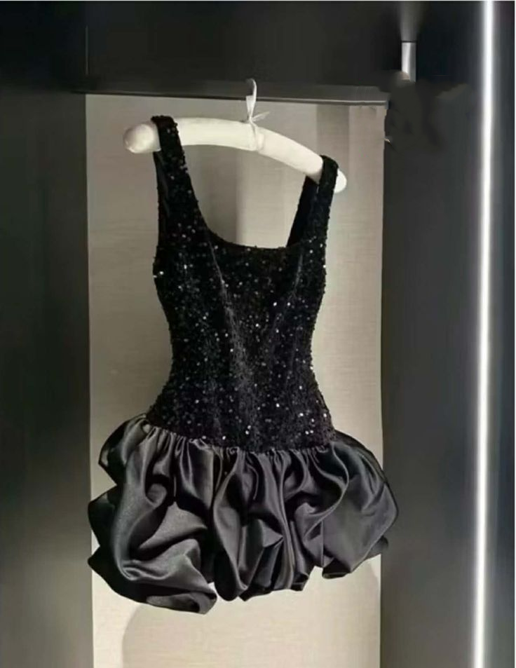 Sexy Square Neck Black Satin Sequin Short Cocktail Dress,Formal Graduation Homecoming Dress D3304