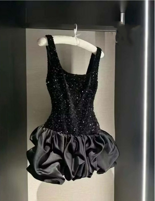 Sexy Square Neck Black Satin Sequin Short Cocktail Dress,Formal Graduation Homecoming Dress D3304