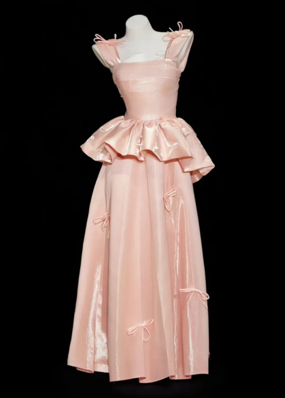 Pretty Pink Off The Shoulder Satin Long Birthday Party Dress Prom Gown With Bow D2332
