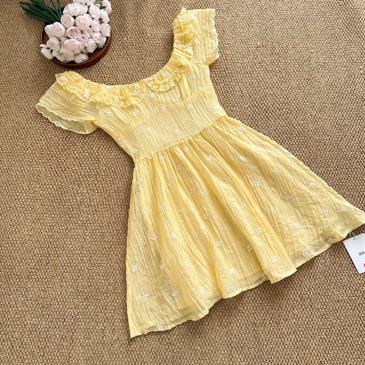 Cute A line Scoop Short Sleeves Yellow Floral Holiday Dresses Beach Dress Birthday Outfits SD288