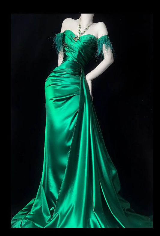 Trendy Off The Shoulder Satin Pleated Mermaid Evening Dress Green Long Party Gown D1216