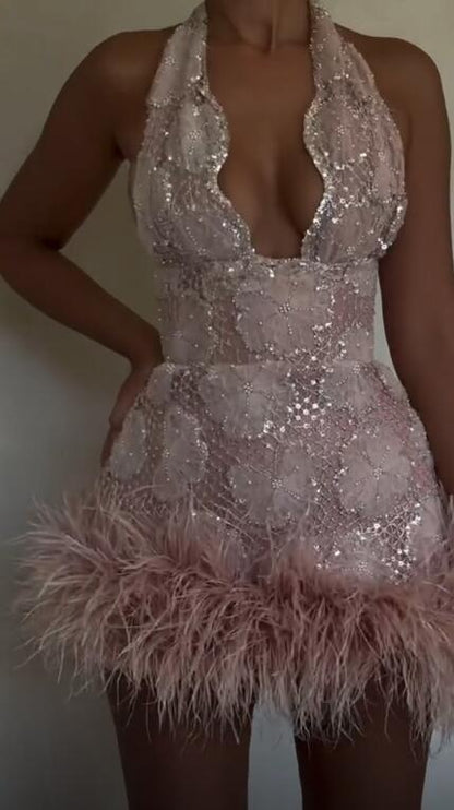 Elegant V Neck Satin Sequin Feathers Short Party Dress Pink Sheath Short Homecoming Dress D4454