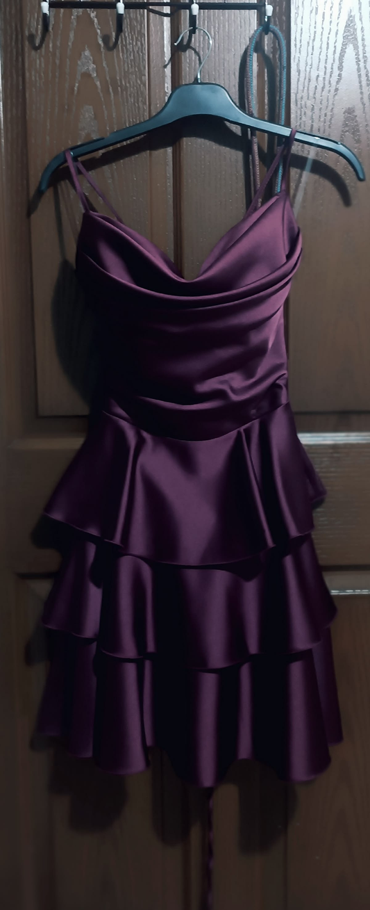 Classy Spaghetti Straps Satin layered A Line Short 7th Grade Homecoming Dress,Purple Mini Cocktail Dress D2815