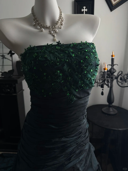 Fashion Dark Teal Satin Pleated Sequin Mermaid Evening Dress Strapless Long Wedding Guest Dress D3734