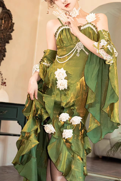 Retro Mermaid Spaghetti Straps High Low Long Party Dress Green Prom Dresses SD2412