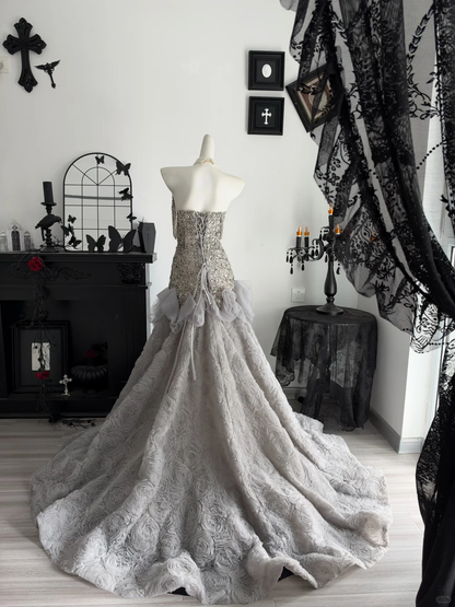 Gorgeous Silver Gray Tulle Rose Floral Sequin Beaded Mermaid Long Party Dress Evening Dress D4708