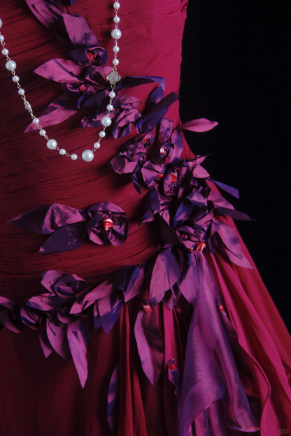 Pretty Strapless Chiffon Floral A Line Long Party Dress Prom Dress D2876