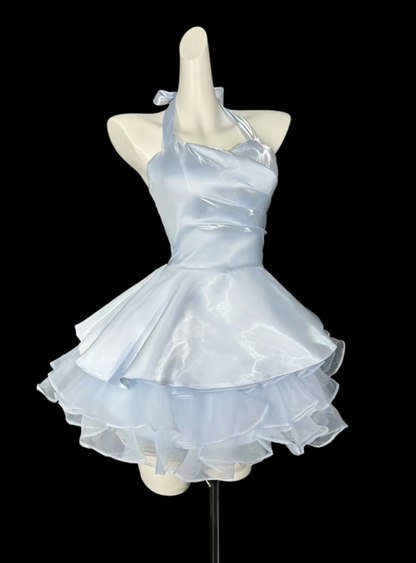 Pretty Halter Blue Satin Tulle A Line Short Homecoming Dress Birthday Outfits D4160