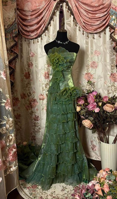 Vintage Green Strapless Satin Tulle Layered Ruffle Mermaid Long Prom Dress Evening Gown D1127