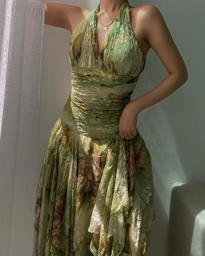 Vintage Halter Green Chiffon Print Floral Mermaid Long Evening Dress Birthday Dress D2970