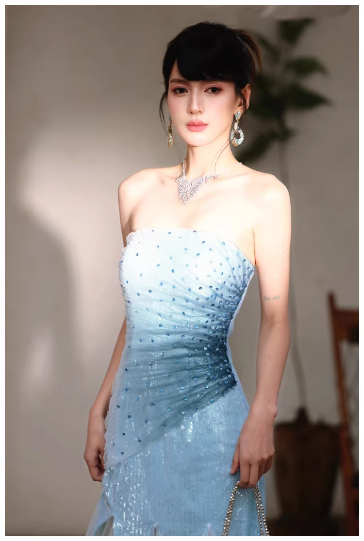 Charming Strapless Blue Tulle Sequin Beaded Mermaid Long Evening Dress Birthday Party Gown D2436