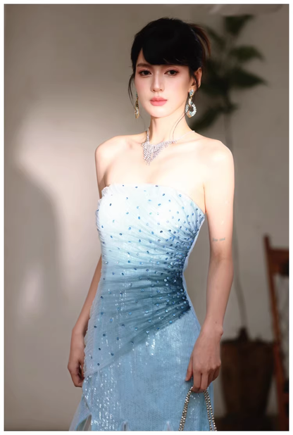 Charming Strapless Blue Tulle Sequin Beaded Mermaid Long Evening Dress Birthday Party Gown D2436