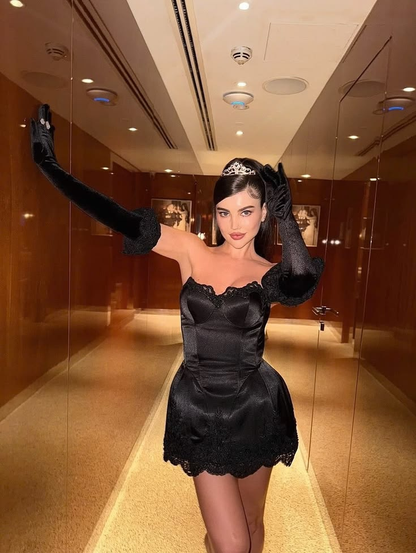 Stylish Black Satin Lace Short Graduation Homecoming Dress,Strapless Mini Party Dress With Gloves D3983
