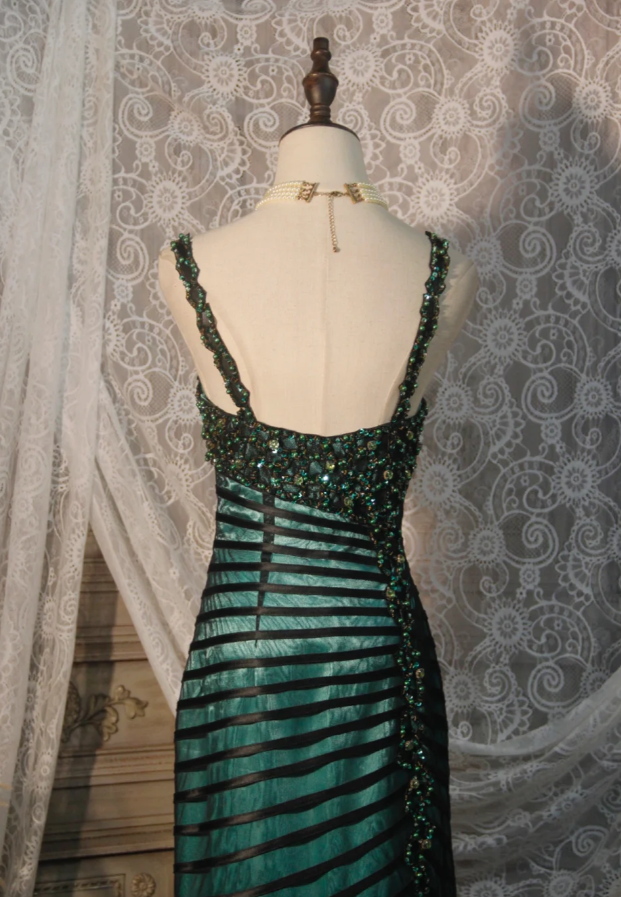 Vintage Spaghetti Straps Satin Tulle Beaded Mermaid Evening Dress Dark Green Long Party Gown D2252