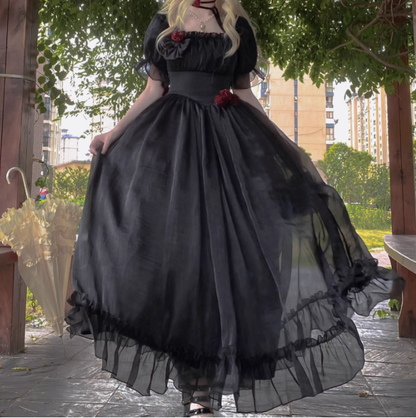 Retro A Line Square Neckline Short Sleeves Black Chiffon Long Party Dresses Birthday Dress SD584