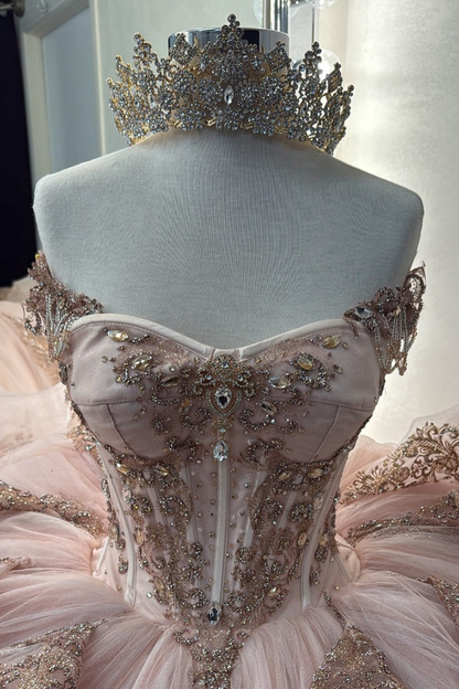 Pretty Pink Off The Shoulder Tulle Beaded Appliques Quinceanera Dress Sweet 16 Dress D1393
