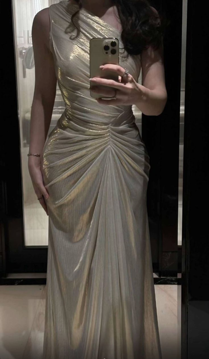 Shiny One Shoulder Satin Pleated Mermaid Long Party Dress Evening Dress D4941