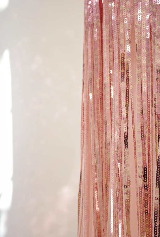 Sparkly Spaghetti Straps Pink Sequin Long Birthday Party Dress Evening Gown D2145