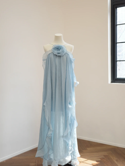 Pretty Spaghetti Straps Blue Chiffon Ruffle Long Party Dress Prom Gown D2173
