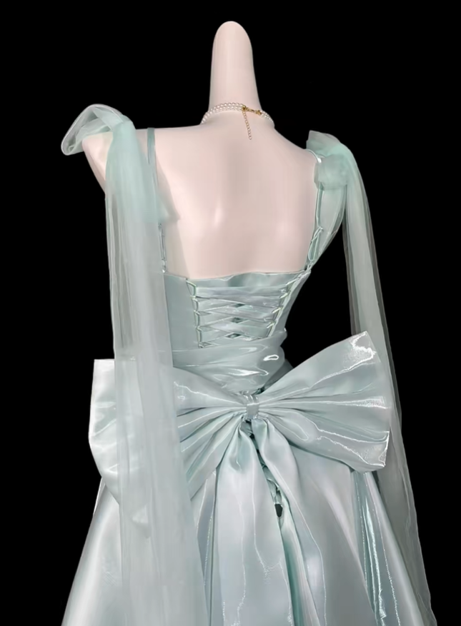 Pretty Light Blue Satin Tulle Bow A Line Long Party Dress Birthday Prom Dresses D4154