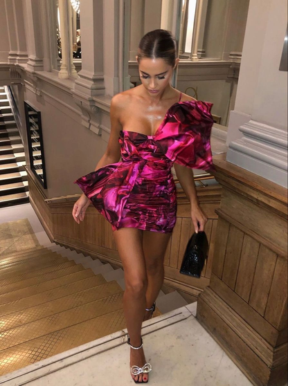 Unique Fuchsia Bow Satin Print Floral Bodycon Cocktail Dress,Short 9th Grade Homecoming Dress D3580