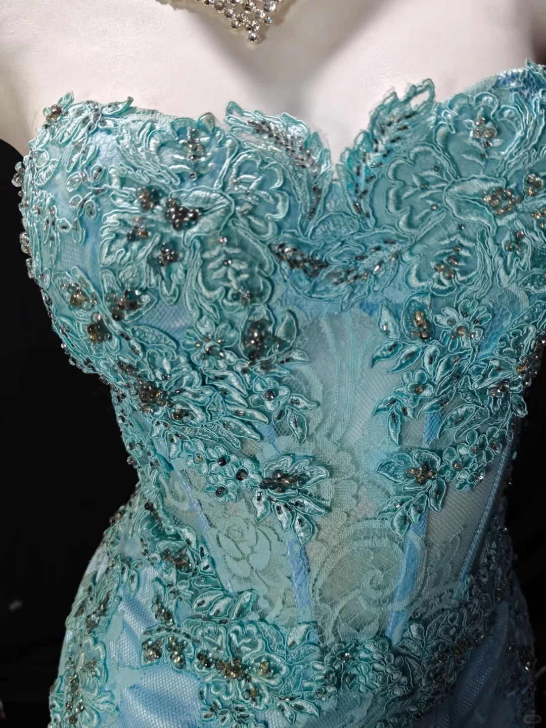 Chic Lake Blue strapless Satin Appliques Chiffon Long Evening Dress Prom Dress D3617
