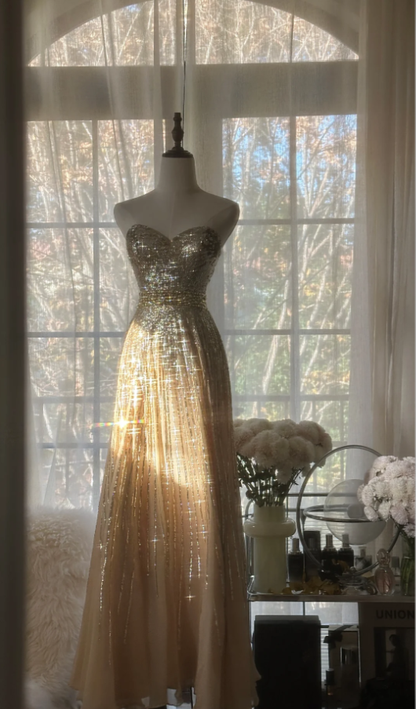 Sparkly Champagne Strapless Chiffon Sequin Beaded Mermaid Evening Dress Long Birthday Party Dress D2077