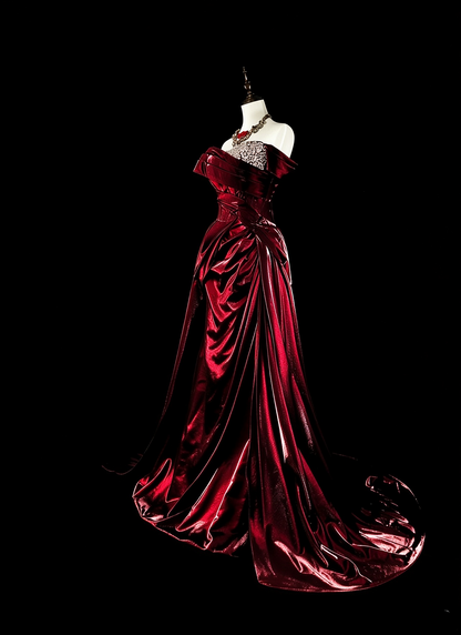 Charming Off The Shoulder Satin Beaded Long Prom Dress Burgundy Evening Dress D5387