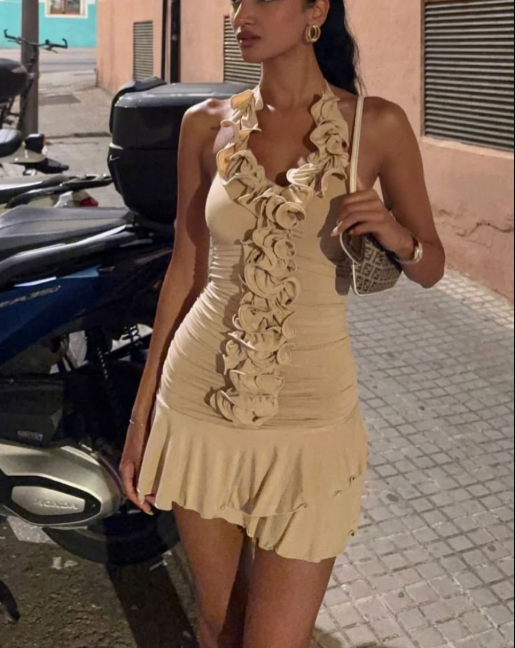 Vintage Halter Apricot Ruffled Sheath Short Homecoming Dress Cocktail Dress D795