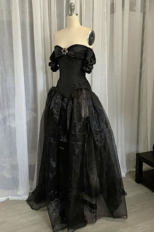 Vintage Off The Shoulder Black A Line Long Party Dress Formal Wedding Guest Dress D1952