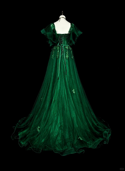 Classy Emerald Green Tulle Appliques Long Evening Dress Prom Dress D5391