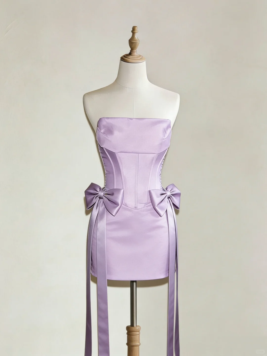 Pretty Strapless Satin Sheath Mini Birthday Outfits，Lavender Short Homecoming Dress With Bow D2802