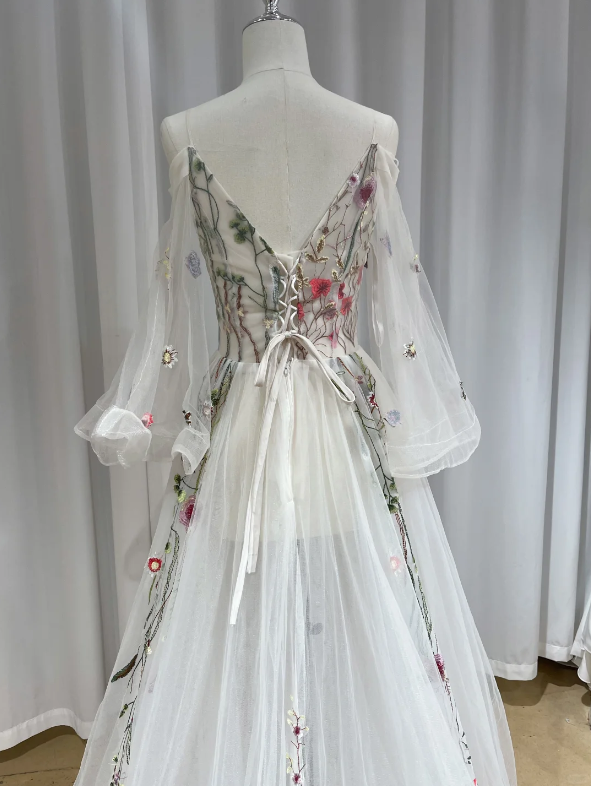 Charming White Tulle Floral V Neck Long Party Dress Birthday Evening Dresses D2467