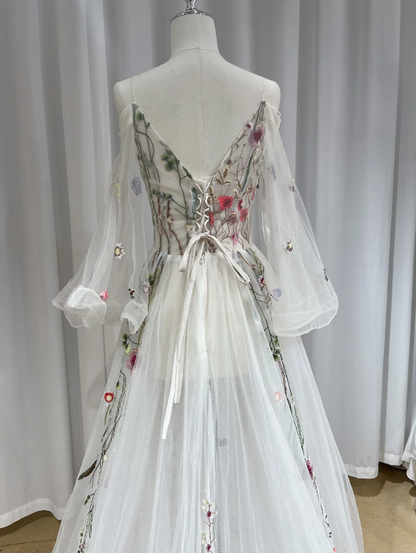 Charming White Tulle Floral V Neck Long Party Dress Birthday Evening Dresses D2467